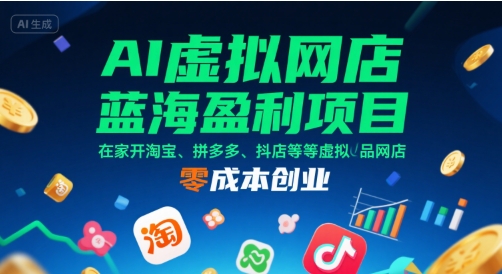 AI虚拟网店蓝海盈利项目，在家开淘宝、拼多多、抖店等虚拟品网店，零成本创业-云网创