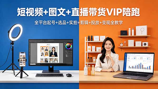 短视频+图文+直播带货VIP陪跑，全平台起号+选品+实拍+剪辑+投放+变现全教学-星云网创