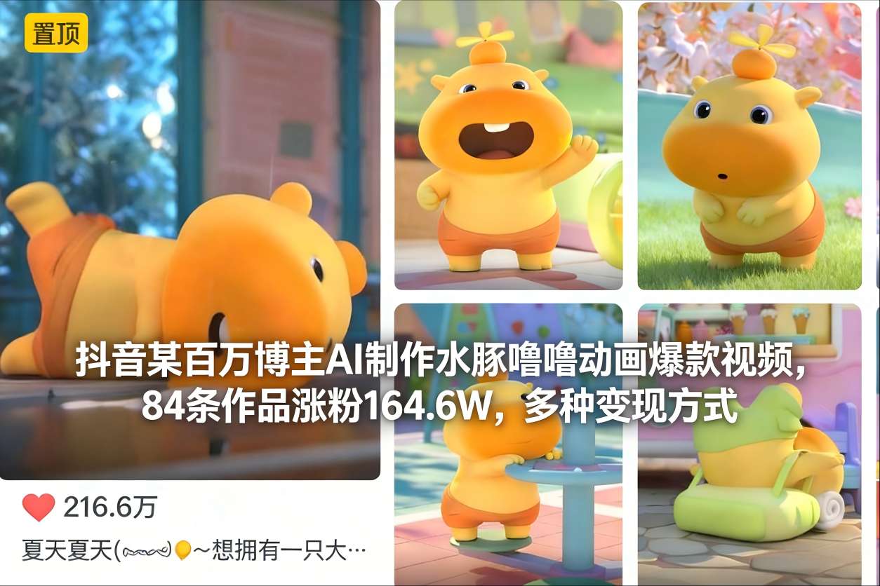 抖音某百万博主AI制作水豚噜噜动画爆款视频，84条作品涨粉164.6W，多种变现方式-星云网创