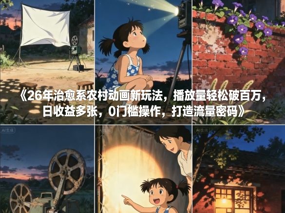 26年治愈系农村动画新玩法，播放量轻松破百万，日收益多张，0门槛操作，打造流量密码-问题不大网创