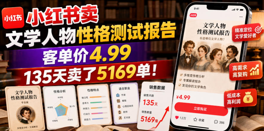 小红书卖文学人物性格测试报告，客单价4.99，135天卖了5169单！-星云网创