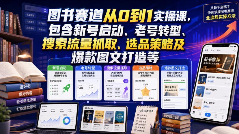 图书赛道从0到1实操课，包含新号启动、老号转型、搜索流量抓取、选品策略及爆款图文打造等-星云网创