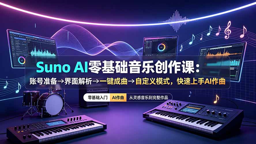Suno AI零基础音乐创作课：账号准备→界面解析→一键成曲→自定义模式，快速上手AI作曲-星云网创