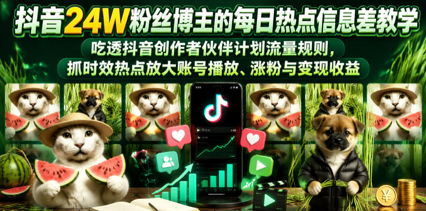 抖音24W粉丝博主的每日热点信息差教学，吃透创作者伙伴计划流量规则，抓时效热点放大账号播放、涨粉与变现收益-星云网创